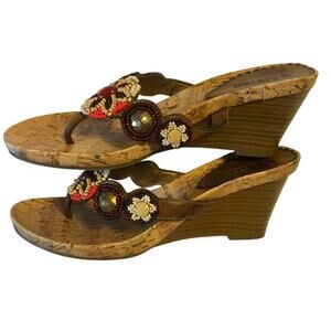 Unlisted Orange Brown Tan beaded Top with Bling cork sandals 7.5M 3 inch wedge